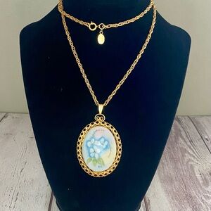 Vintage Hand Painted Porcelain Forget-Me-Nots Pendant Necklace – Signed E.T.